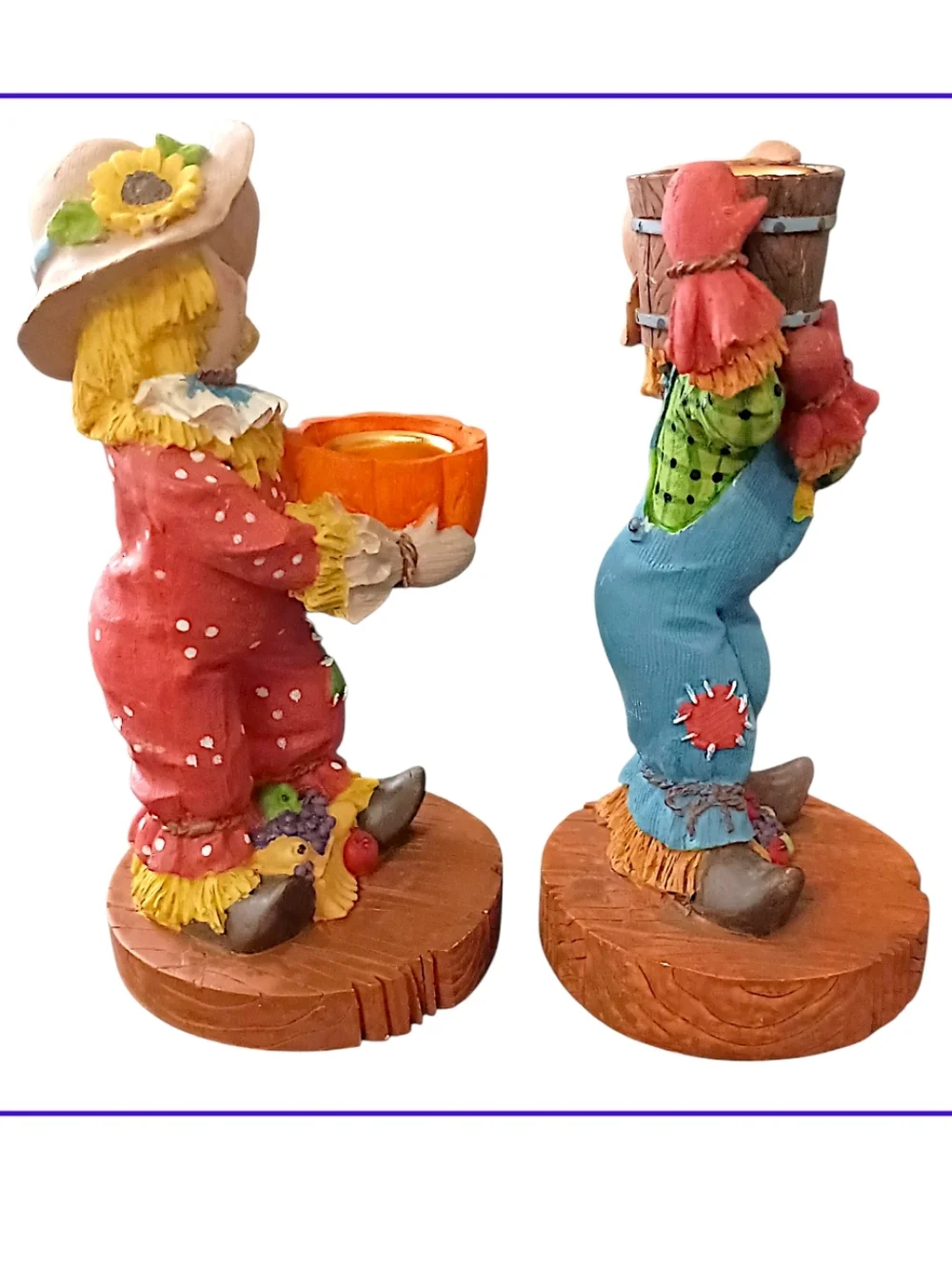 2 Vtg Scarecrow Candle Holders Resin Fall Thanksgiving Decor‎ Halloween Autumn